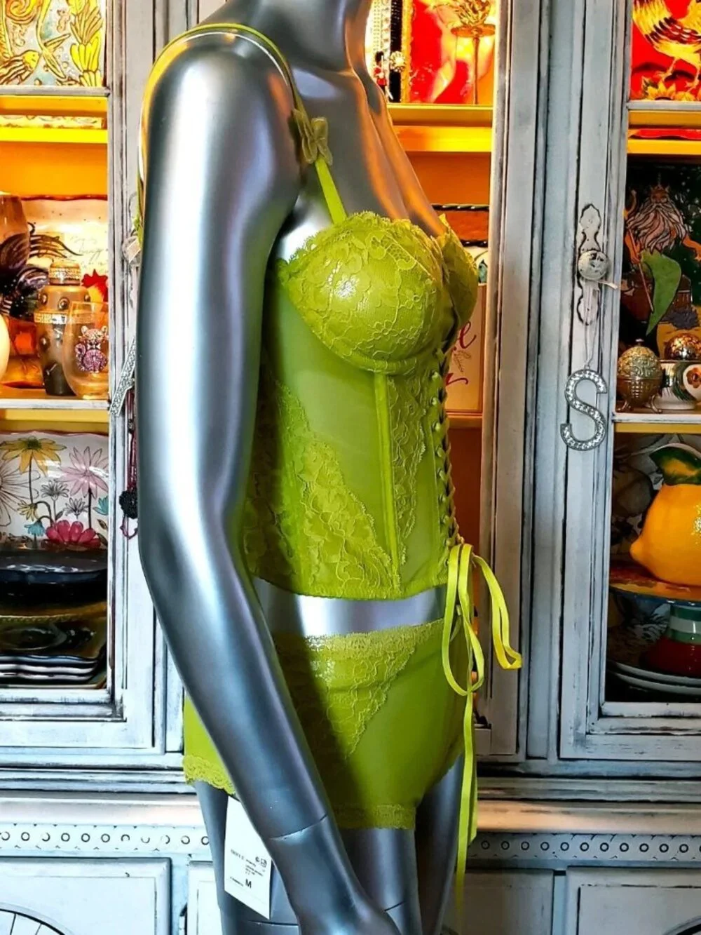 Betsey Johnson Corset Top Bustier Panties Lingerie Green Lace Mesh Butterfly XL - Picture 6 of 16